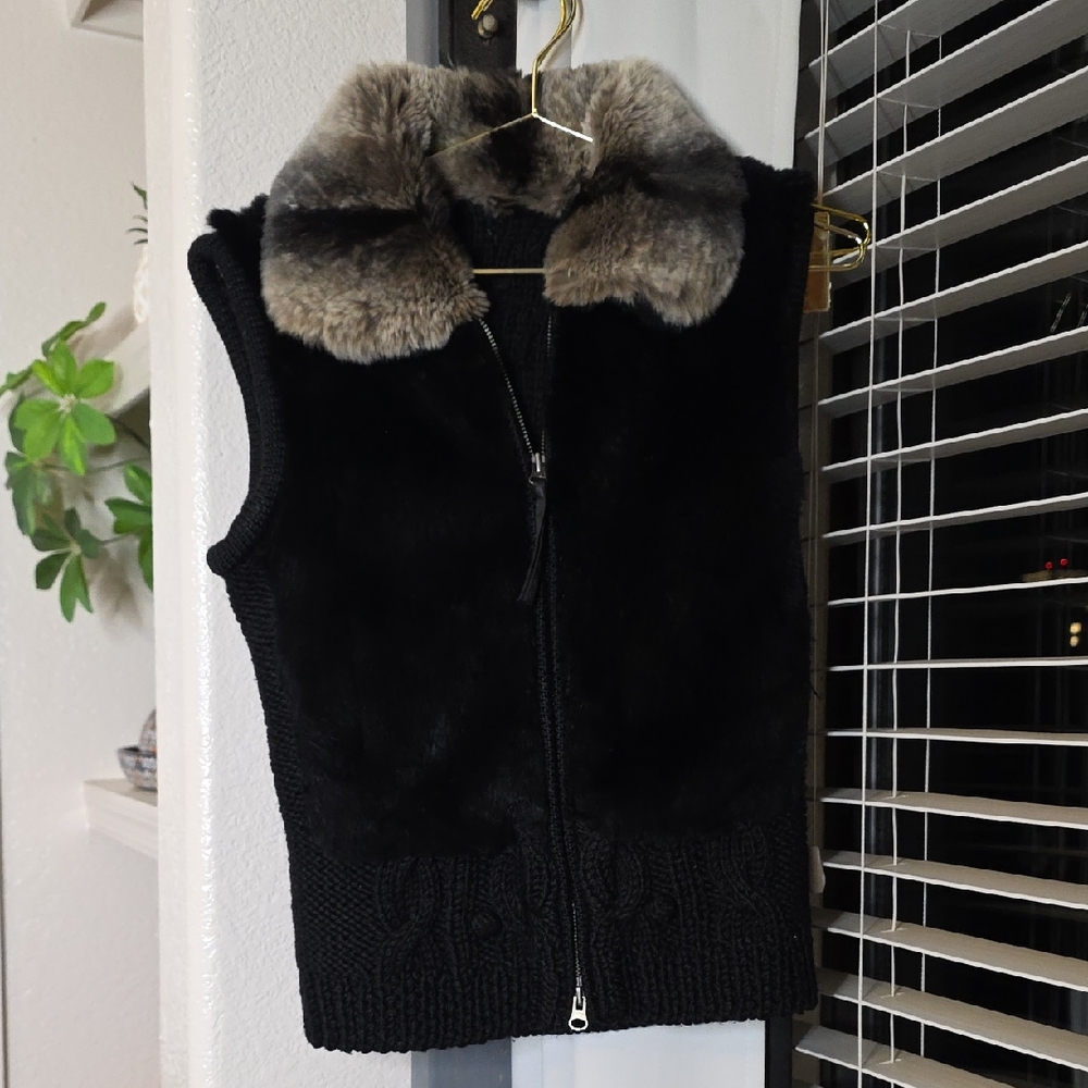 June Black and Gray Rabbit Fur Cable Knit Wool Zip Vest Xs See Measurements